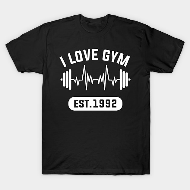 Funny Workout Gifts Heart Rate Design I Love Gym EST 1992 T-Shirt by Above the Village Design